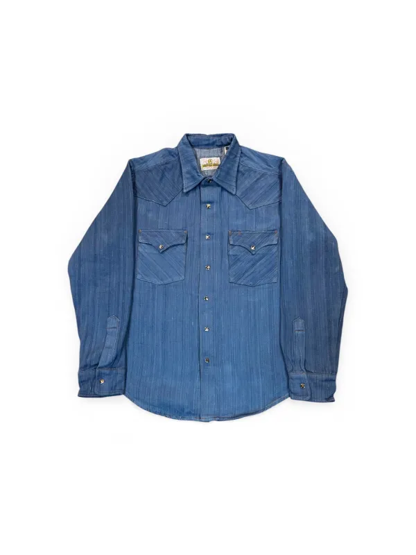 Hand loomed hank dyed Natural indigo Western selvedge denim shirt with brown Trocus Pearl snaps made by Left Field