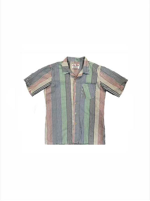 Classic 90's Japanese cotton seersucker stripe crazy shirt w/ Trocus Pearl cat's eye buttons. made by Left Field