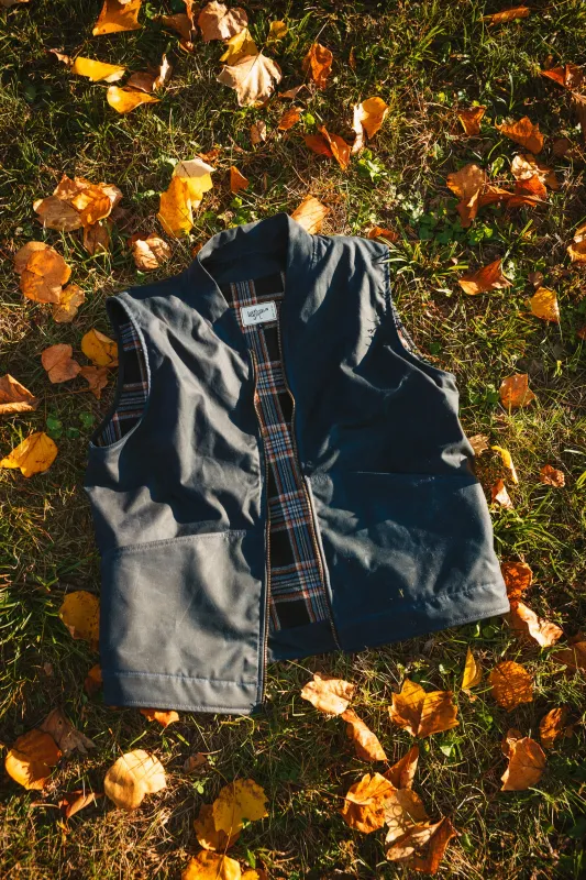 Ansel Vest - Navy British Millerain Waxed Canvas - overstock sold by Loyal Stricklin