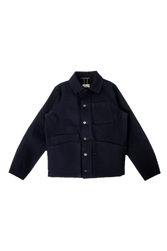 Amos Chore Coat - Indigo/Black - Rigid 14oz American Selvedge Denim - Preorder sold by Loyal Stricklin