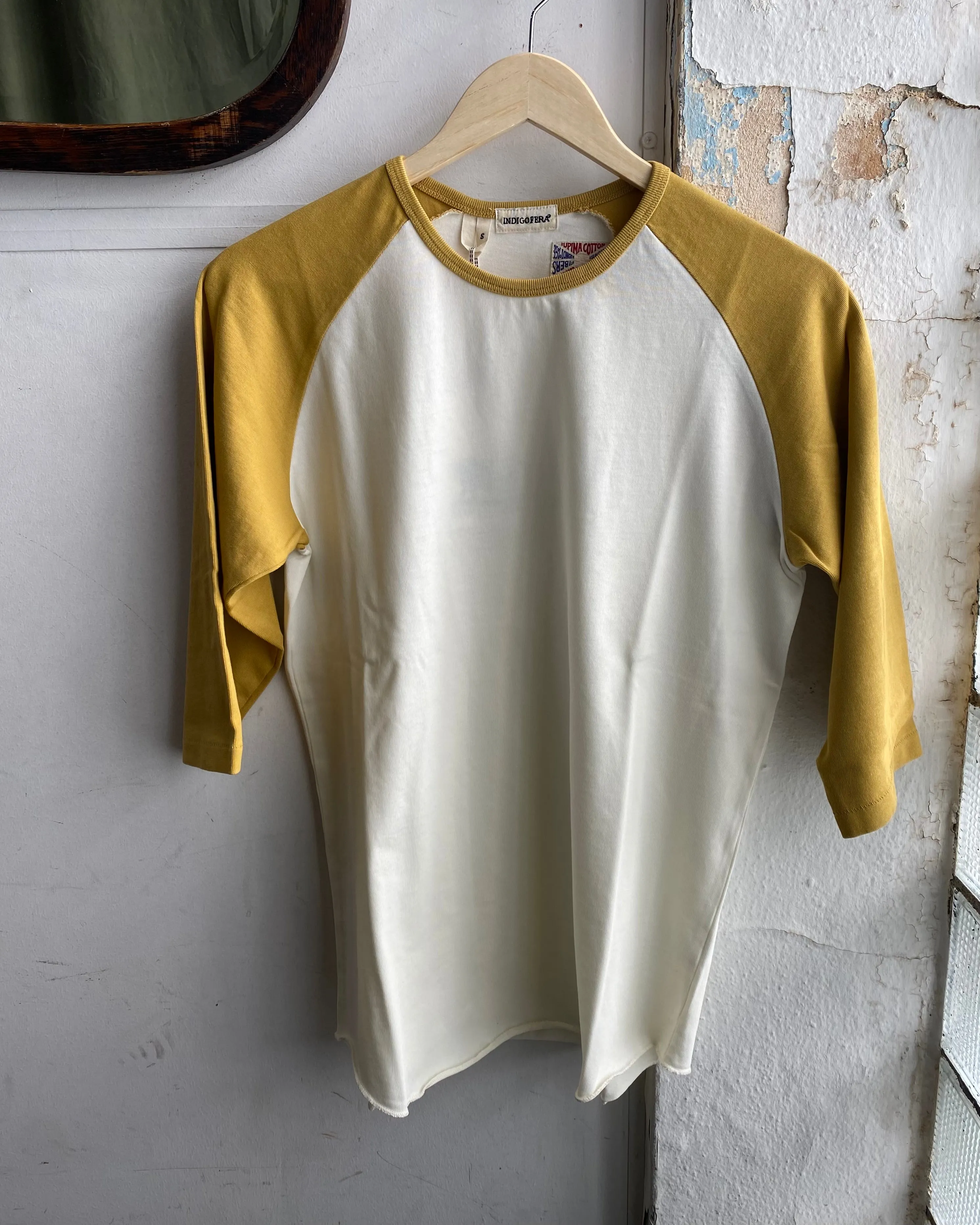 Leon Raglan Shirt | Cocatoo & Burnish Gold | Indigofera sold by Man Ready