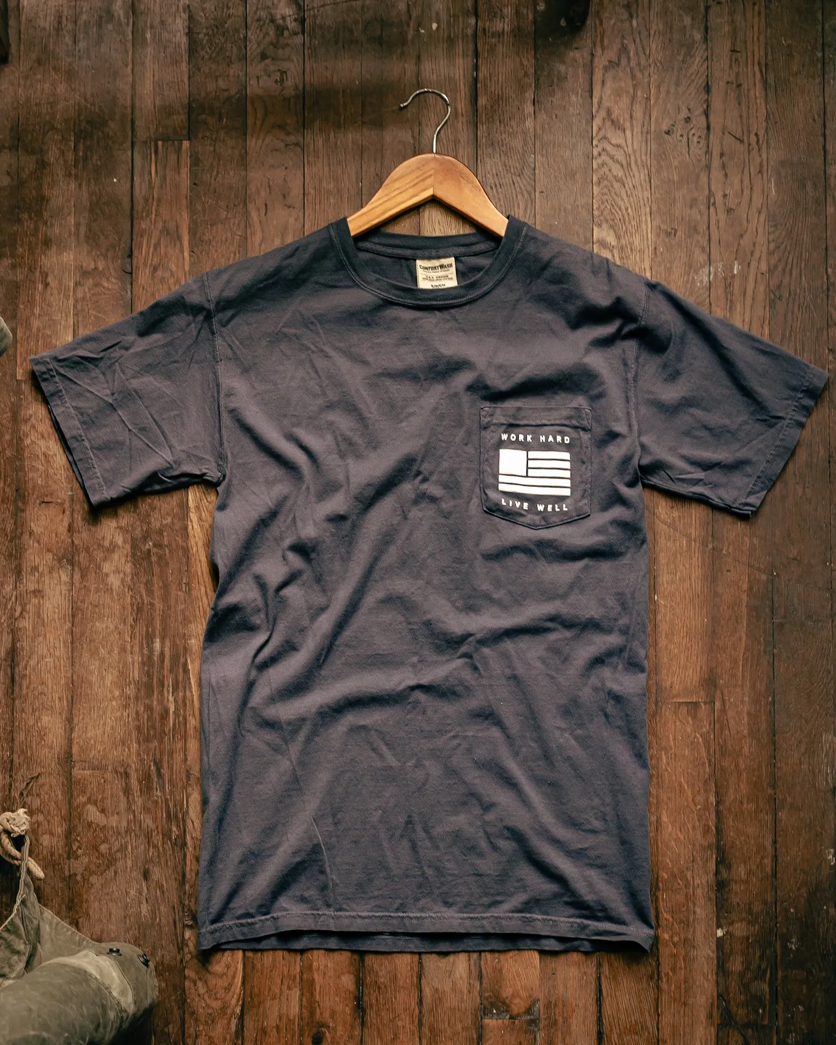 Graphic Pocket Tee | Work Hard Live Well | Denim | Manready Mercantile sold by Man Ready
