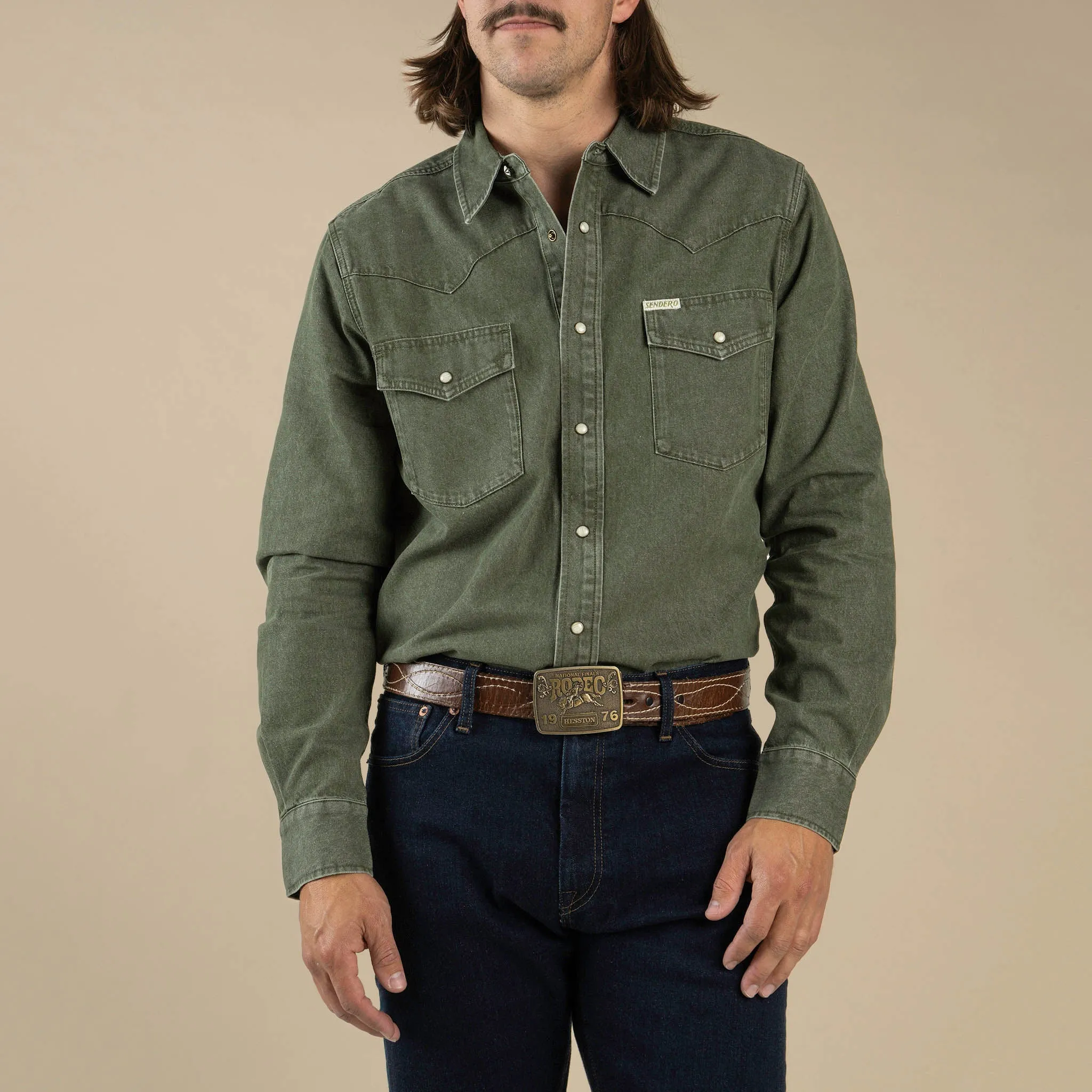 Wyatt Pearl Snap Denim Shirt | Faded Olive | Sendero Provisions Co sold by Man Ready product image thumbnail 3
