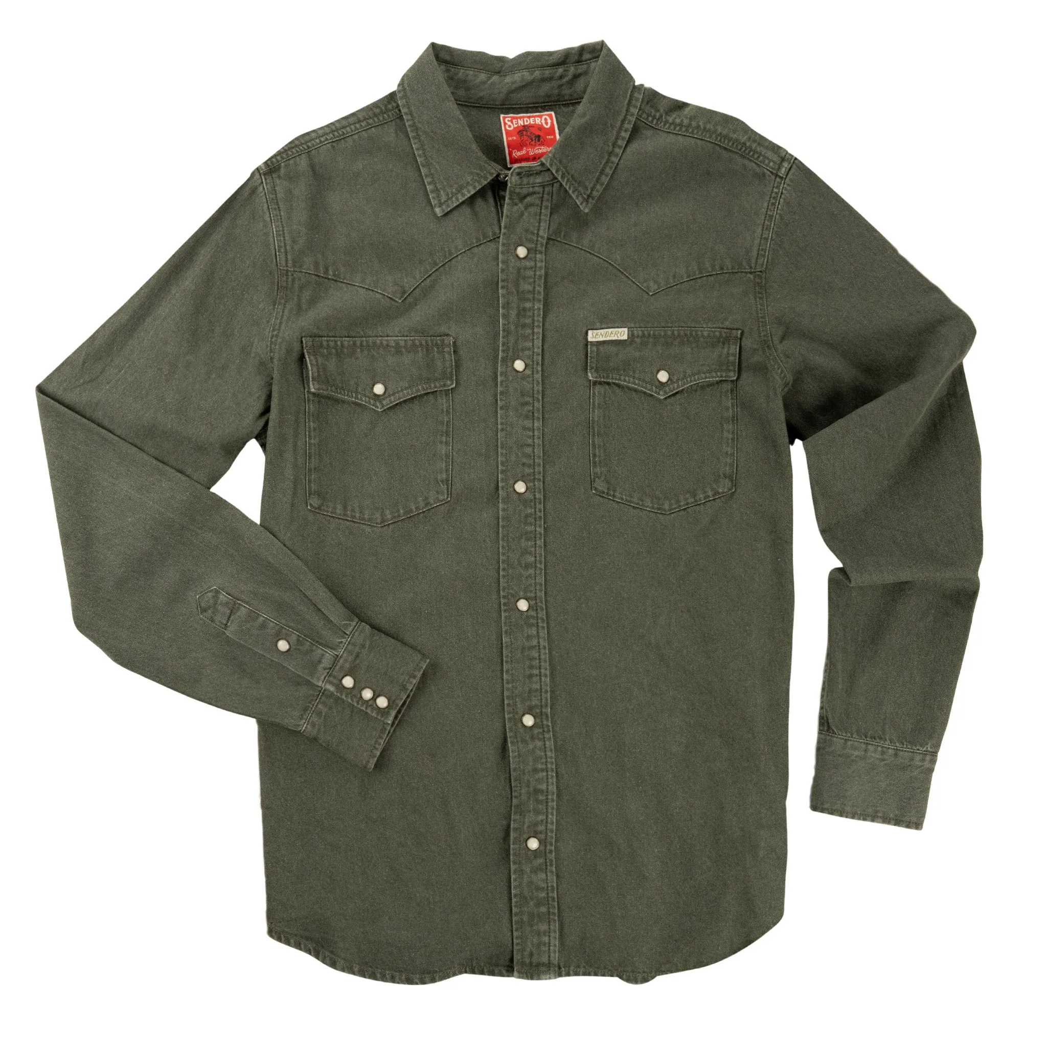 Wyatt Pearl Snap Denim Shirt | Faded Olive | Sendero Provisions Co sold by Man Ready
