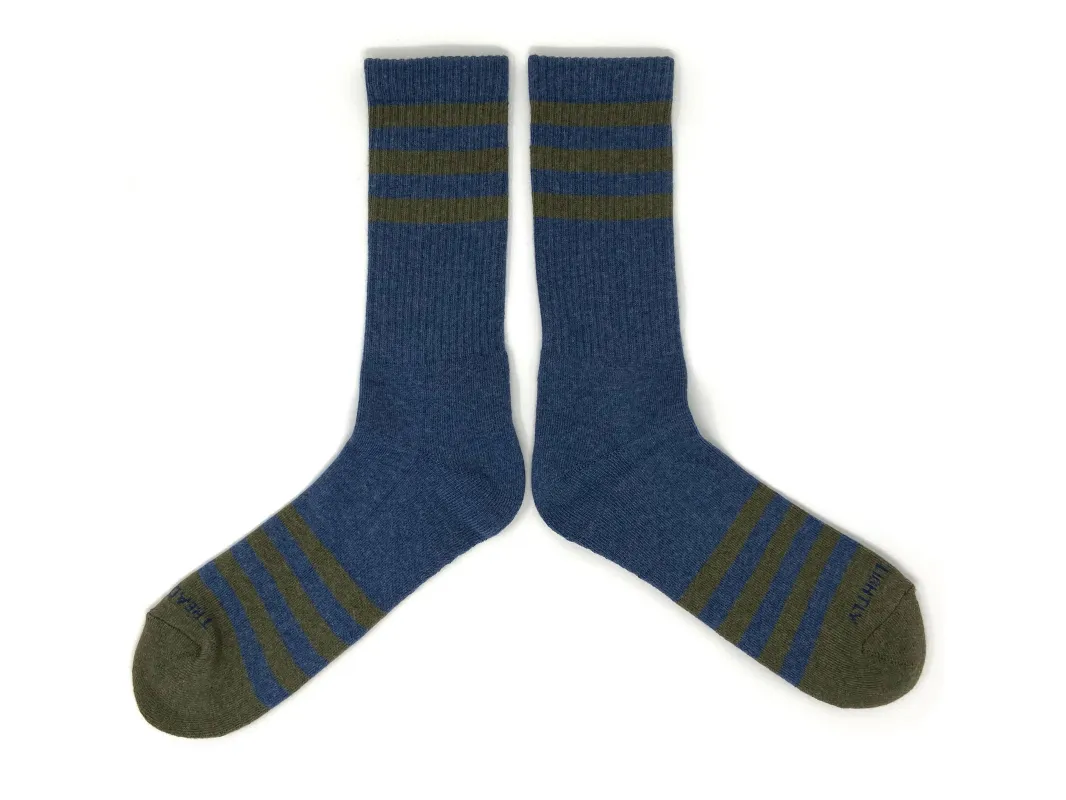 Tread Lightly: Heather Stripes Socks | Navy + Olive | The Ampal Creative sold by Man Ready