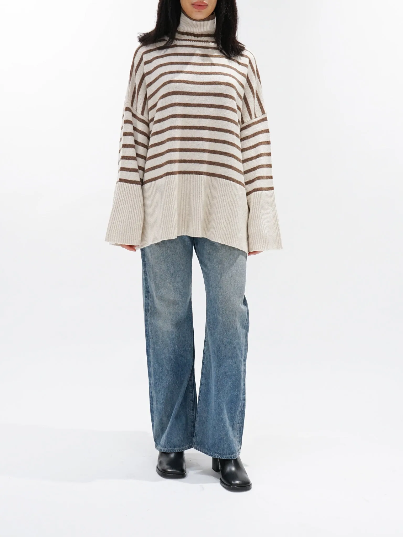 Border Turtleneck Knit - White x Mocha sold by Namu Shop