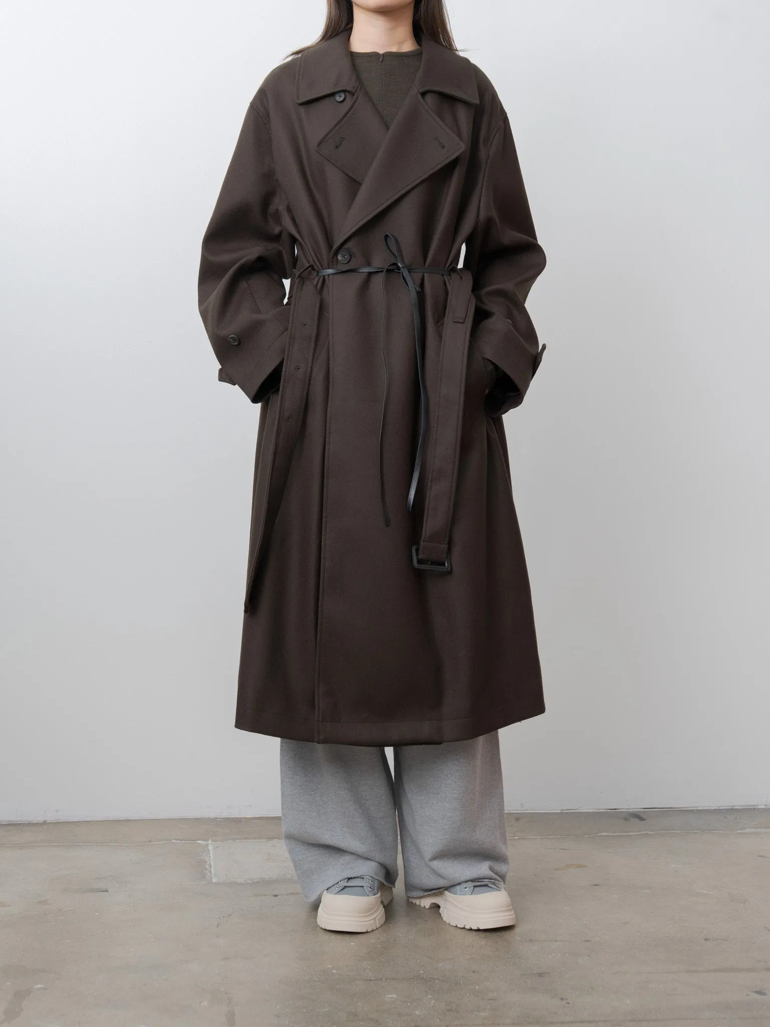 Oversized Double Breasted Coat with Leather Tie - Gray Brown sold by Namu Shop product image thumbnail 2