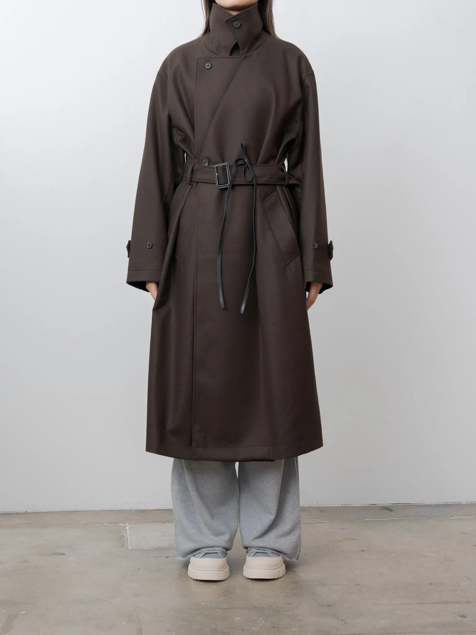 Oversized Double Breasted Coat with Leather Tie - Gray Brown sold by Namu Shop product image thumbnail 3