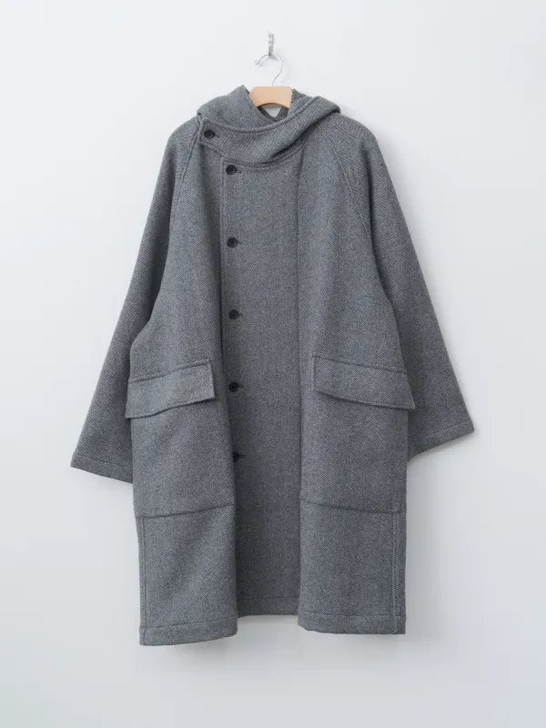 Herringbone Wool/Nylon Double Cloth Raglan Sleeve Hooded Easy Coat - Gray sold by Namu Shop