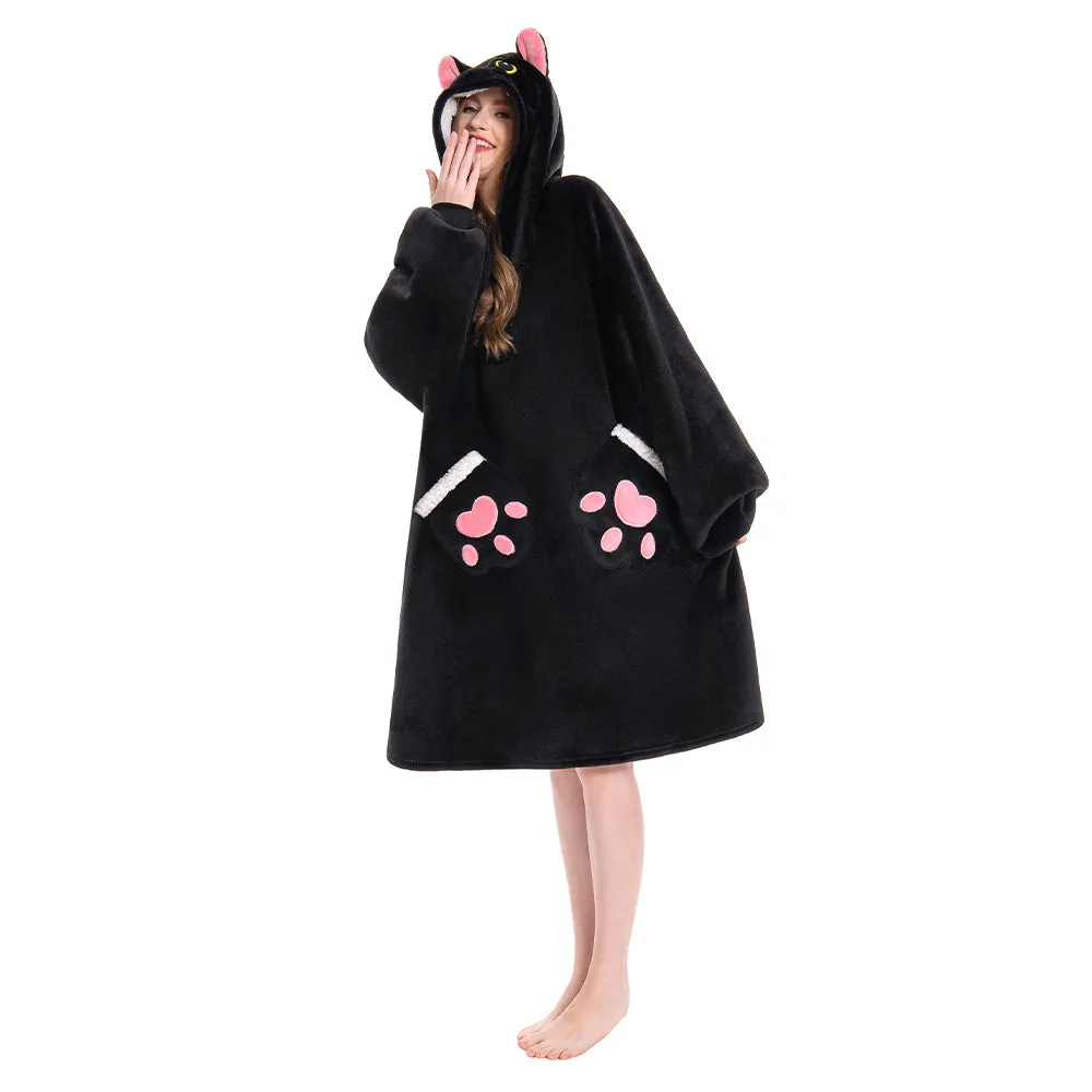 OLAOLA Black Cat Wearable Blanket Hoodie Animals Onesie Oversized Soft Homwear With Pocket For Adult sold by OLAOLA product image thumbnail 4