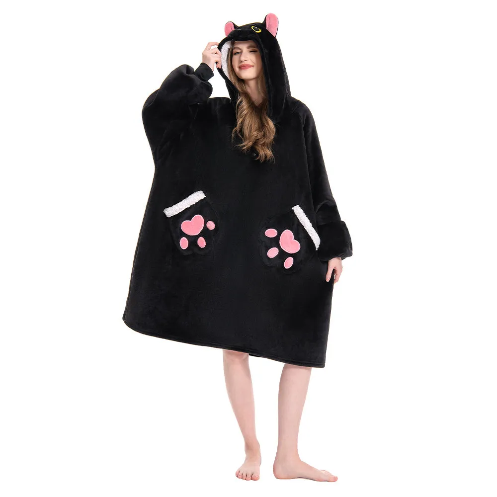 OLAOLA Black Cat Wearable Blanket Hoodie Animals Onesie Oversized Soft Homwear With Pocket For Adult sold by OLAOLA