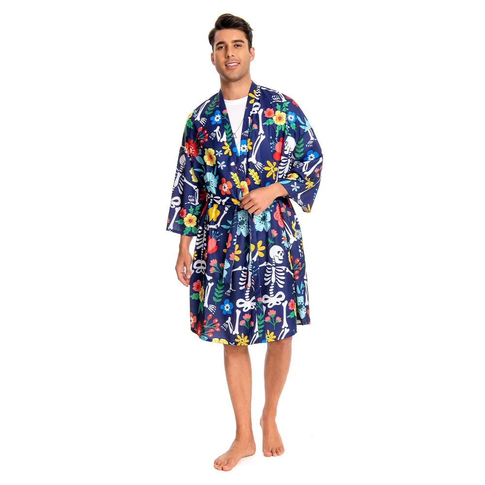OLAOLA Men Floral Skeleton Kimono Robe Bathrobe Summer Printed Beach Smock Lightweight Open Front Long Cardigan Cloak sold by OLAOLA