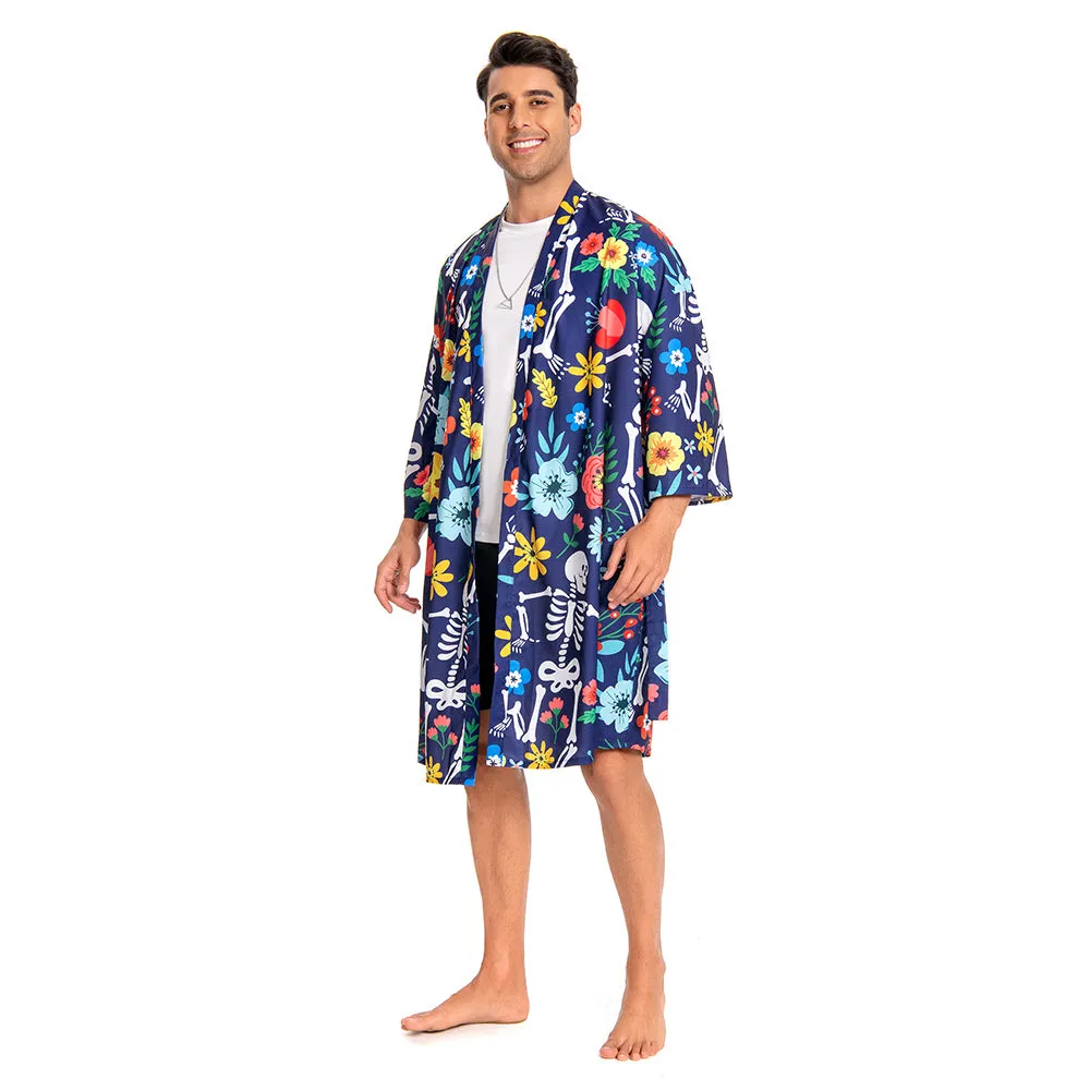 OLAOLA Men Floral Skeleton Kimono Robe Bathrobe Summer Printed Beach Smock Lightweight Open Front Long Cardigan Cloak sold by OLAOLA product image thumbnail 3
