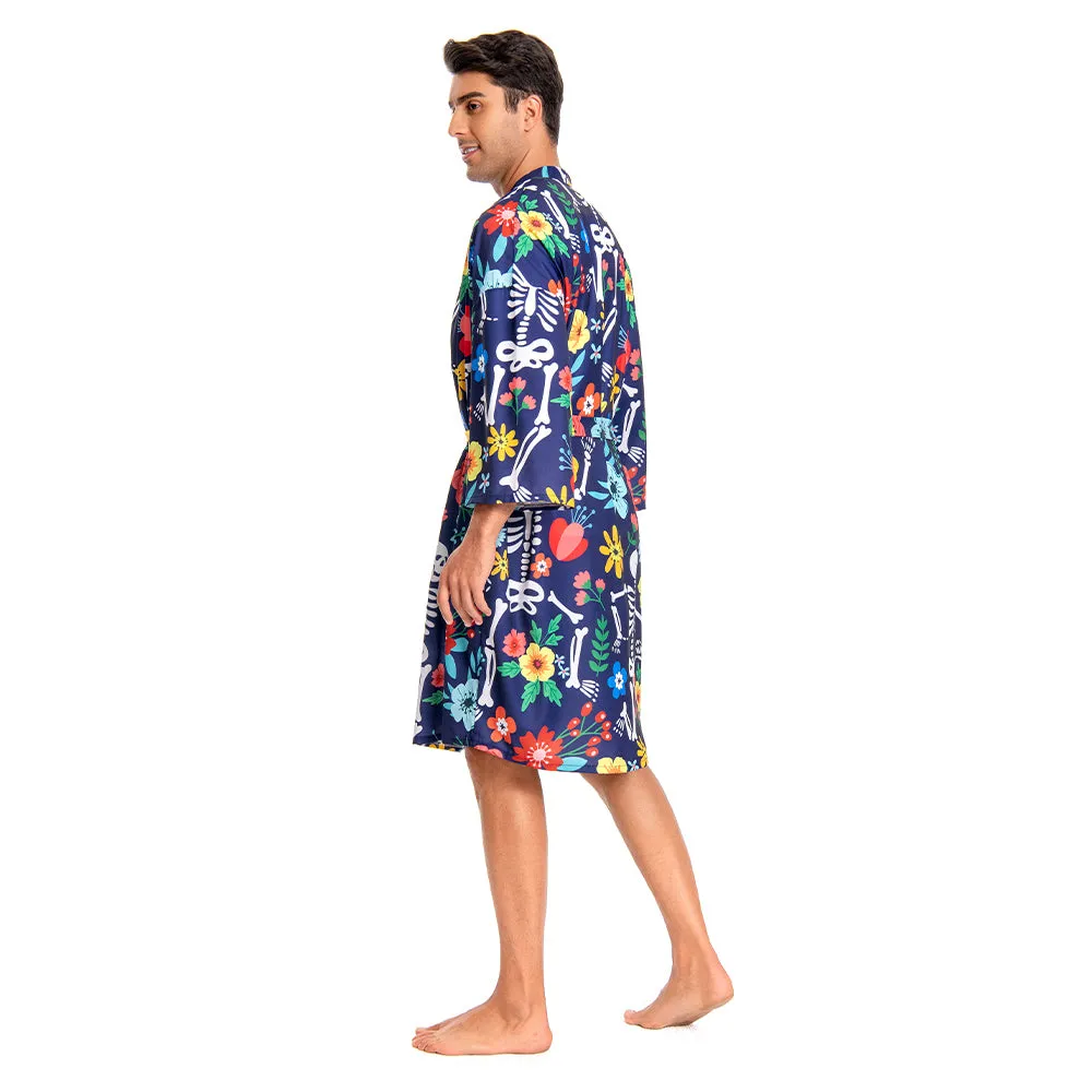 OLAOLA Men Floral Skeleton Kimono Robe Bathrobe Summer Printed Beach Smock Lightweight Open Front Long Cardigan Cloak sold by OLAOLA product image thumbnail 4