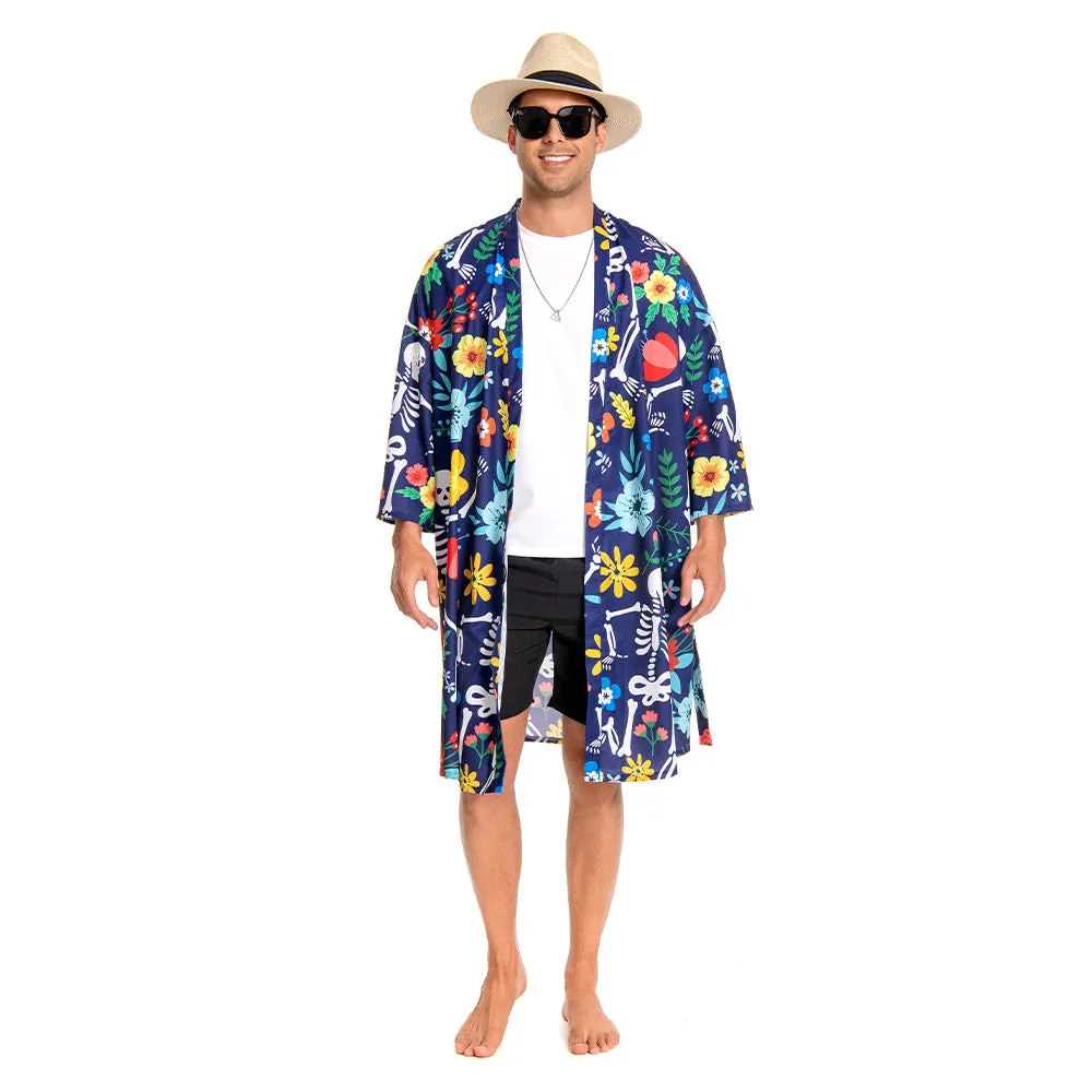 OLAOLA Men Floral Skeleton Kimono Robe Bathrobe Summer Printed Beach Smock Lightweight Open Front Long Cardigan Cloak sold by OLAOLA product image thumbnail 5