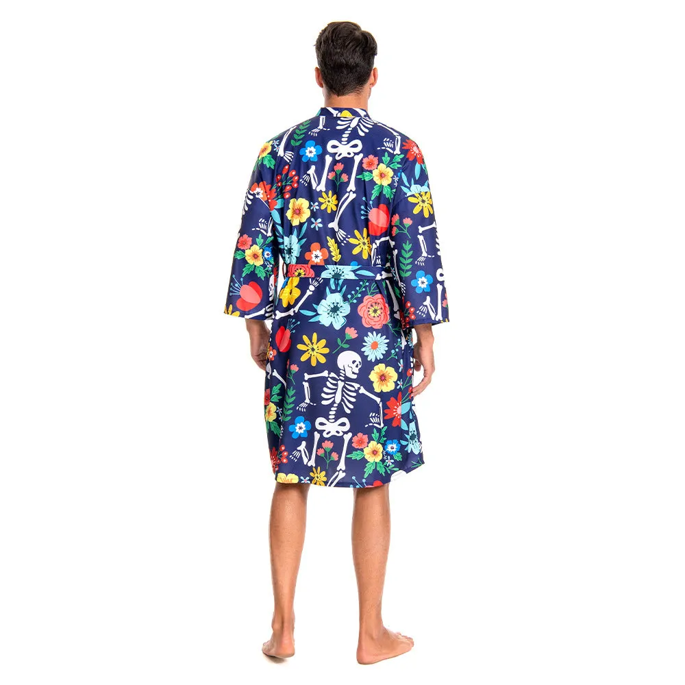 OLAOLA Men Floral Skeleton Kimono Robe Bathrobe Summer Printed Beach Smock Lightweight Open Front Long Cardigan Cloak sold by OLAOLA product image thumbnail 2