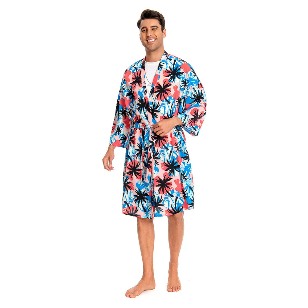 OLAOLA Men Floral Pattern Swim Kimono Robe Printed Bathrobe Beach Smock Cover Up Casual Open Front Long Cardigan sold by OLAOLA product image thumbnail 3