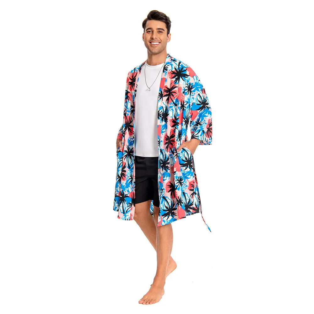 OLAOLA Men Floral Pattern Swim Kimono Robe Printed Bathrobe Beach Smock Cover Up Casual Open Front Long Cardigan sold by OLAOLA product image thumbnail 4