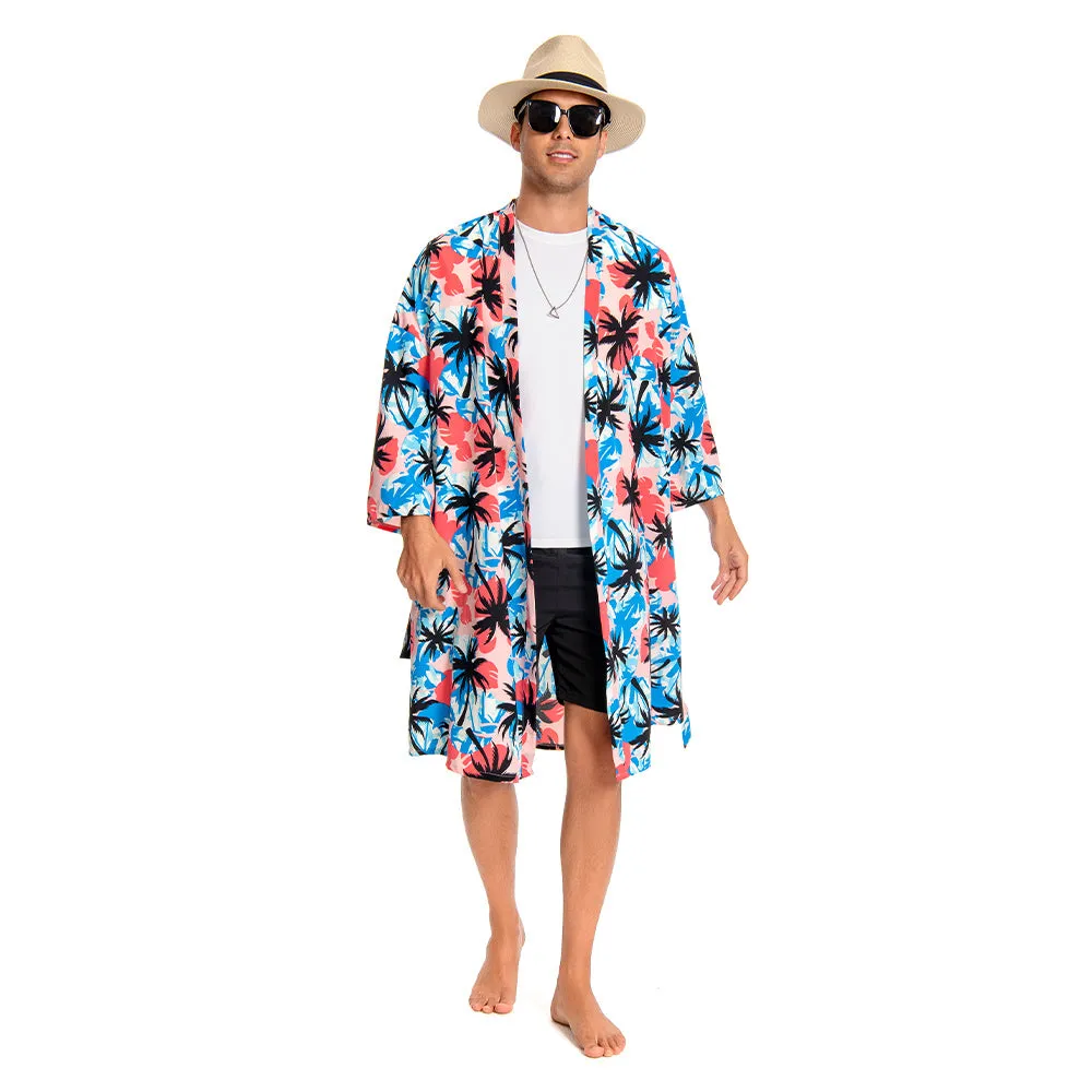 OLAOLA Men Floral Pattern Swim Kimono Robe Printed Bathrobe Beach Smock Cover Up Casual Open Front Long Cardigan sold by OLAOLA
