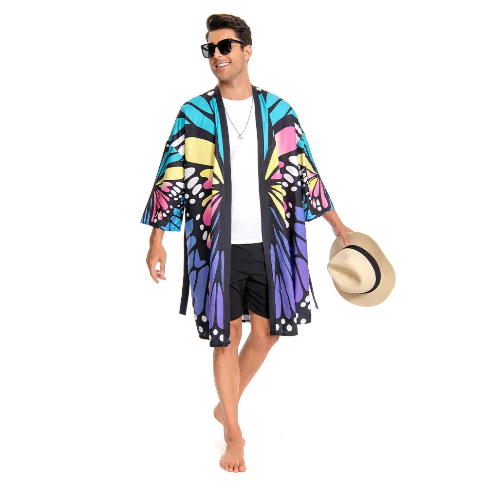 OLAOLA Men Lightweight Kimono Robe Butterfly Printed Pattern Beach Smock Animal Onesie Bathrobe Soft Casual Cloak sold by OLAOLA