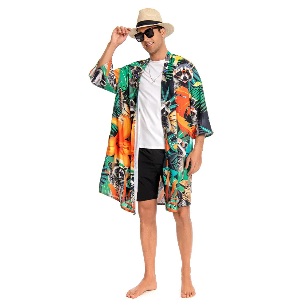 OLAOLA Men Raccoon Kimono Robe Bathrobe Summer Printed Beach Smock Lightweight Outwear Open Front Long Cardigan Cloak sold by OLAOLA product image thumbnail 3