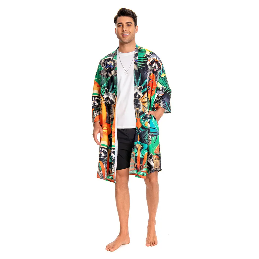 OLAOLA Men Raccoon Kimono Robe Bathrobe Summer Printed Beach Smock Lightweight Outwear Open Front Long Cardigan Cloak sold by OLAOLA product image thumbnail 5