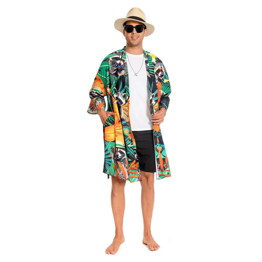 OLAOLA Men Raccoon Kimono Robe Bathrobe Summer Printed Beach Smock Lightweight Outwear Open Front Long Cardigan Cloak sold by OLAOLA