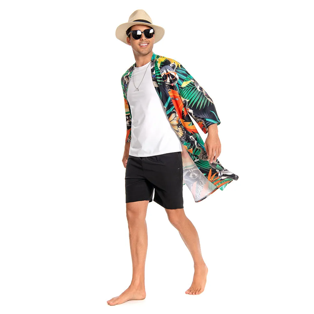 OLAOLA Men Raccoon Kimono Robe Bathrobe Summer Printed Beach Smock Lightweight Outwear Open Front Long Cardigan Cloak sold by OLAOLA product image thumbnail 4