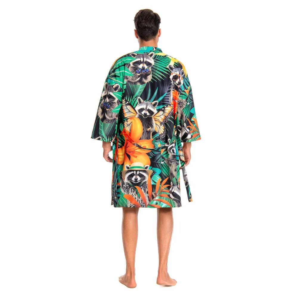 OLAOLA Men Raccoon Kimono Robe Bathrobe Summer Printed Beach Smock Lightweight Outwear Open Front Long Cardigan Cloak sold by OLAOLA product image thumbnail 2