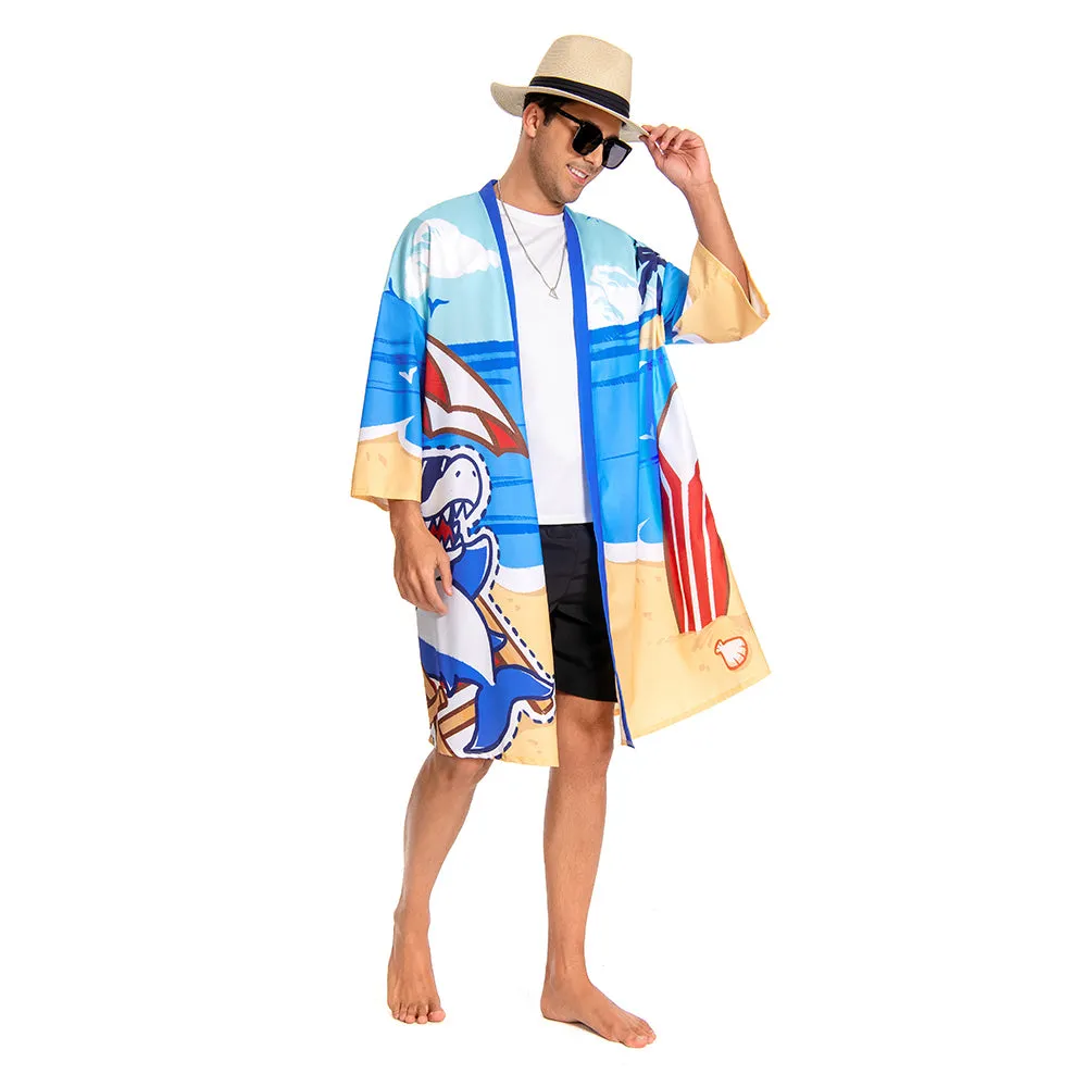 OLAOLA Men Blue Shark Printed Pattern Kimono Robe Bathrobe Beach Smock Lightweight Swim Jacket sold by OLAOLA product image thumbnail 3