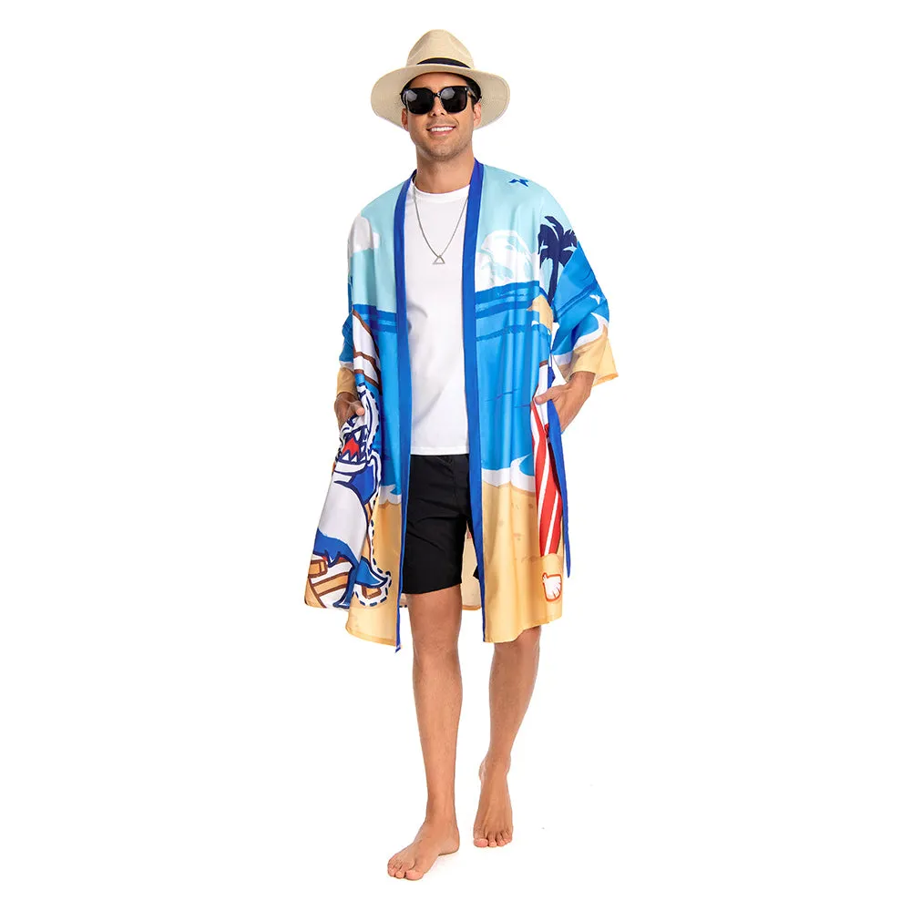 OLAOLA Men Blue Shark Printed Pattern Kimono Robe Bathrobe Beach Smock Lightweight Swim Jacket sold by OLAOLA