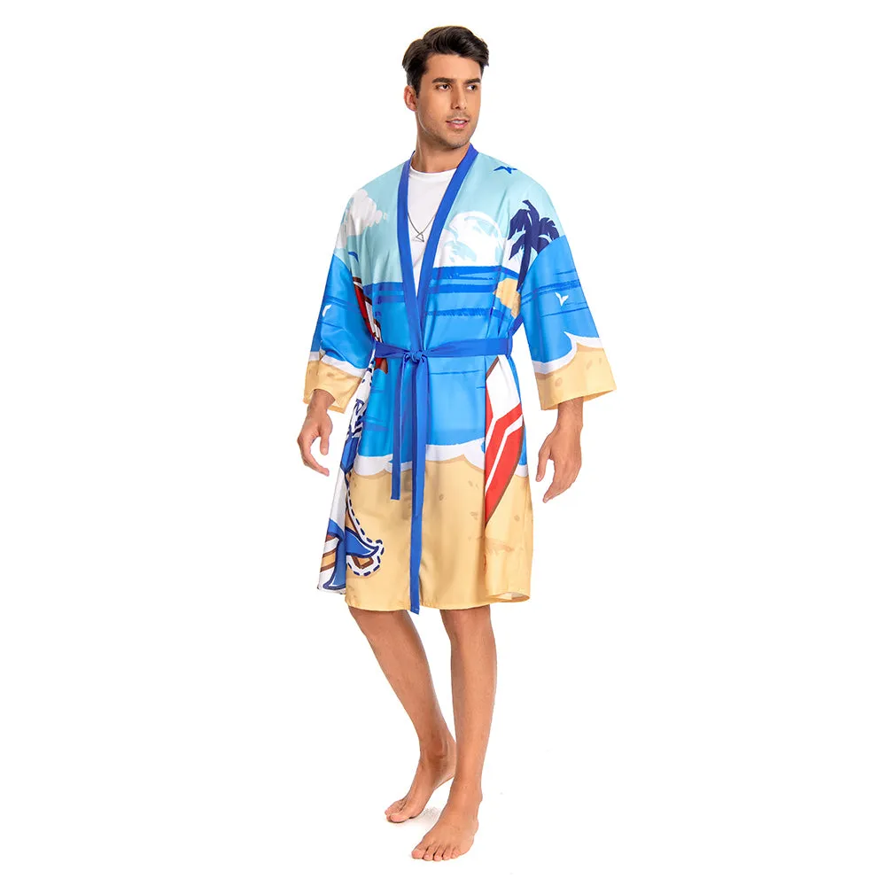 OLAOLA Men Blue Shark Printed Pattern Kimono Robe Bathrobe Beach Smock Lightweight Swim Jacket sold by OLAOLA product image thumbnail 4