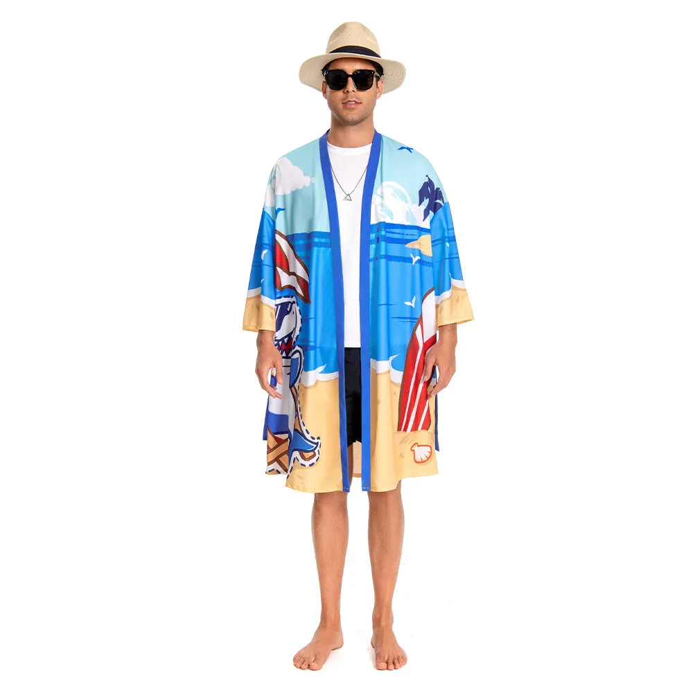 OLAOLA Men Blue Shark Printed Pattern Kimono Robe Bathrobe Beach Smock Lightweight Swim Jacket sold by OLAOLA product image thumbnail 5