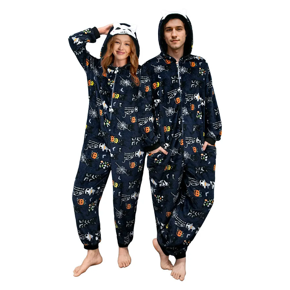 OLAOLA Unisex Adult Printed Skull Halloween Plush Onesie Pajamas Warm Home One-Piece Sleepwear sold by OLAOLA product image thumbnail 2