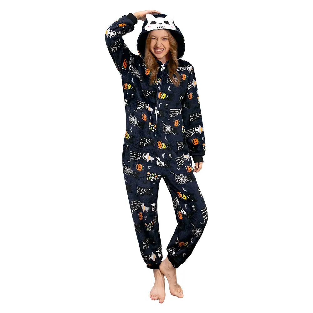 OLAOLA Unisex Adult Printed Skull Halloween Plush Onesie Pajamas Warm Home One-Piece Sleepwear sold by OLAOLA product image thumbnail 5