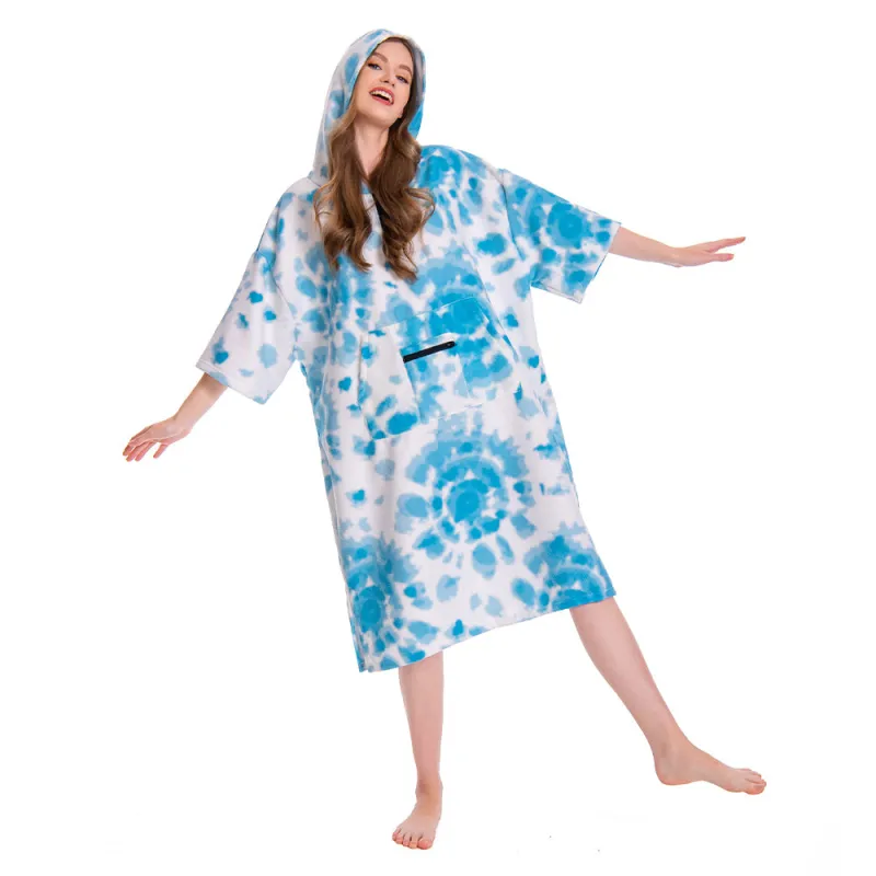 OLAOLA Printed Tie-dye Blue Surf Poncho Changing Towel Swim Robe Quick Dry Terry Cloth Cover-Up Hood Beach Towels sold by OLAOLA