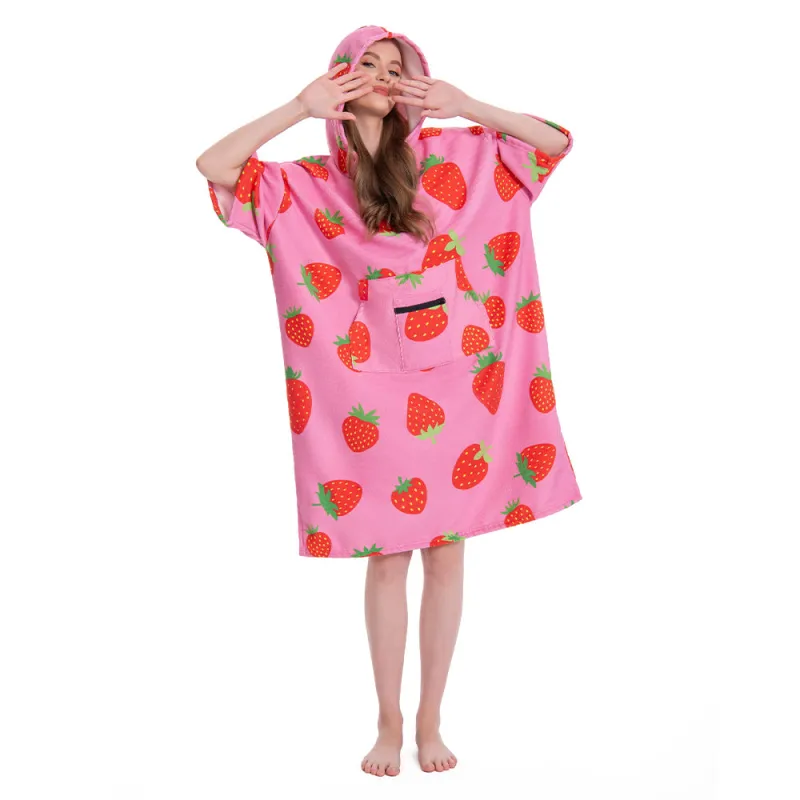 OLAOLA Pink Printed Strawberry Food Surf Poncho Changing Towel Swim Robe Quick Dry Blanket Outdoor Beach Cover Up sold by OLAOLA