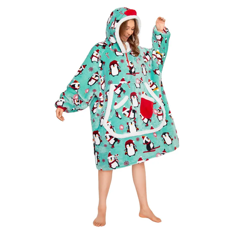 OLAOLA Penguin Blue Wearable Blanket Hoodie Animals Onesie Oversized Soft Homwear With Giant Pocket For Adult sold by OLAOLA