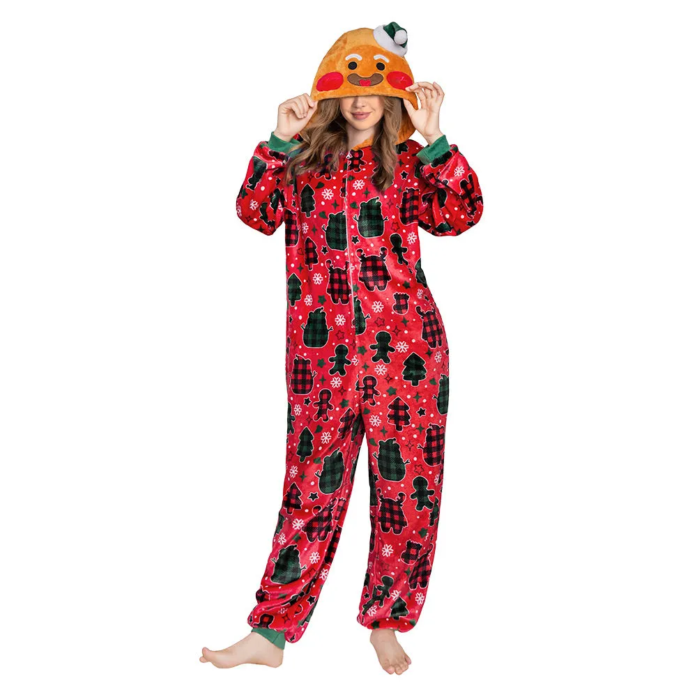 OLAOLA Red Gingerbread Man Printed Adult Pajamas Plush Sleeping Onesie Warm Home One-Piece Sleepwear Christmas Party Suit sold by OLAOLA product image thumbnail 3
