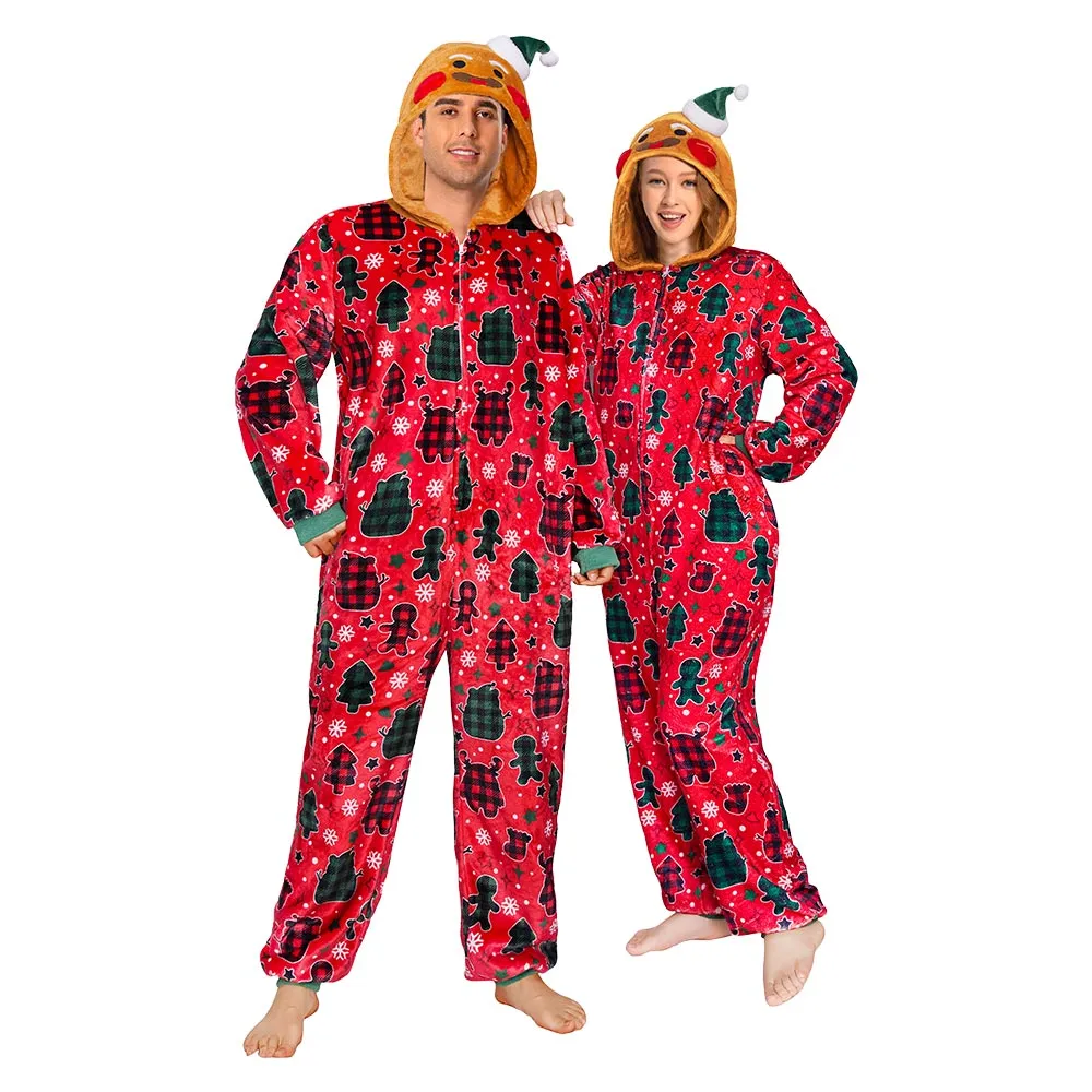 OLAOLA Red Gingerbread Man Printed Adult Pajamas Plush Sleeping Onesie Warm Home One-Piece Sleepwear Christmas Party Suit sold by OLAOLA