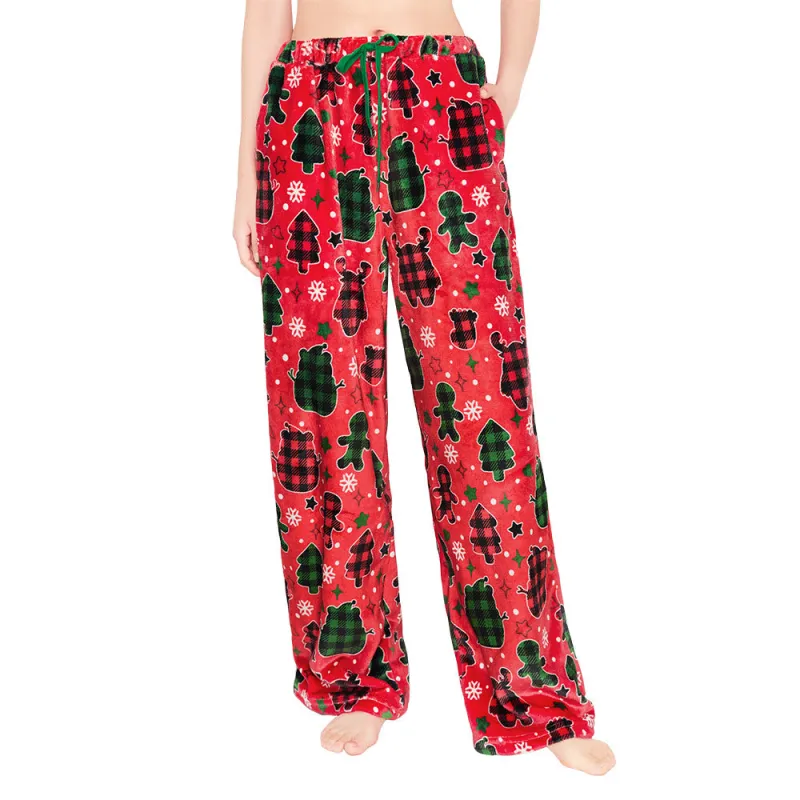 OLAOLA Gingerbread Man Christmas Red Printed Fuzzy Plush Pajama Pants Sleeping Bottoms Pants Animals Onesie sold by OLAOLA