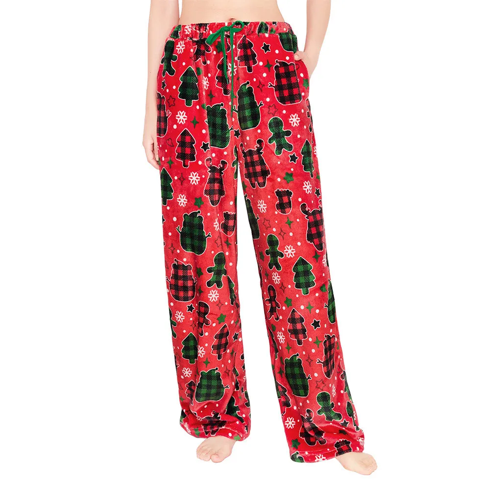 OLAOLA Gingerbread Man Christmas Red Printed Fuzzy Plush Pajama Pants Sleeping Bottoms Pants Animals Onesie sold by OLAOLA