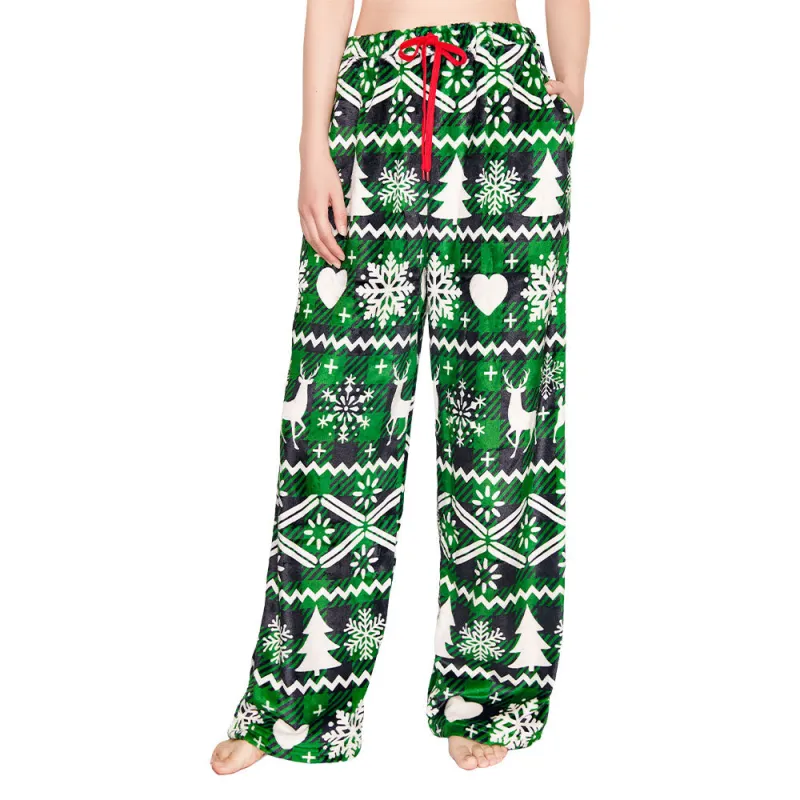 OLAOLA Green Snow Printed Checkered Fuzzy Plush Pajama Pants Drawstring Elastic Waist Wide Leg Pj Bottoms Lounge Pants Christmas Animals Onesie sold by OLAOLA