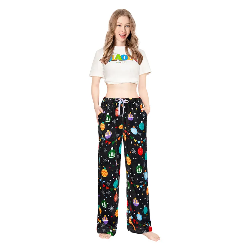 OLAOLA Colored Lights Christmas Printed Fuzzy Plush Pajama Pants Drawstring Elastic Waist Wide Leg Pj Bottoms Lounge Pants Onesie sold by OLAOLA