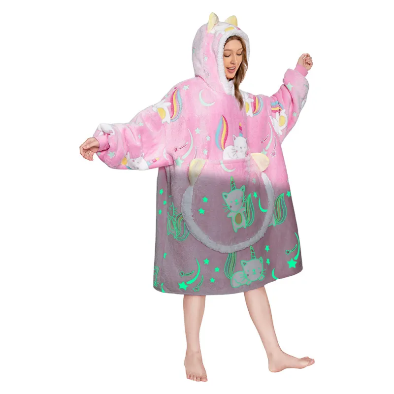 OLAOLA Printed Cat Luminous Glow In The Dark Pink Wearable Hoodie Animals Onesie Oversized Soft Homwear For Adult sold by OLAOLA