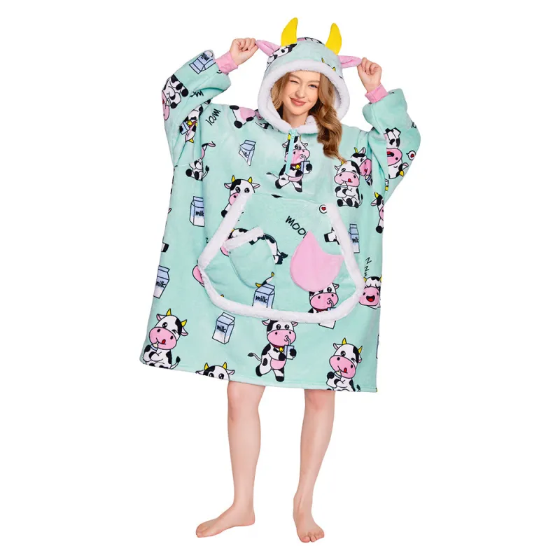 OLAOLA Blue Cow Wearable Blanket Kawaii Cattle Hoodie Animals Onesie Oversized Soft Homwear With Giant Pocket For Adult sold by OLAOLA