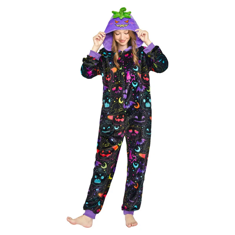 OLAOLA Purple Pumpkin Printed Pajamas Plush Animals Onesie Adult Soft Sleepwear Halloween Carnival Suit sold by OLAOLA