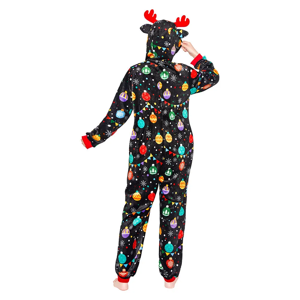 OLAOLA Elk Printed Colored Lights Black Pajamas Plush Animals Onesie Sleepwear Christmas Party Suit For Adult sold by OLAOLA product image thumbnail 2