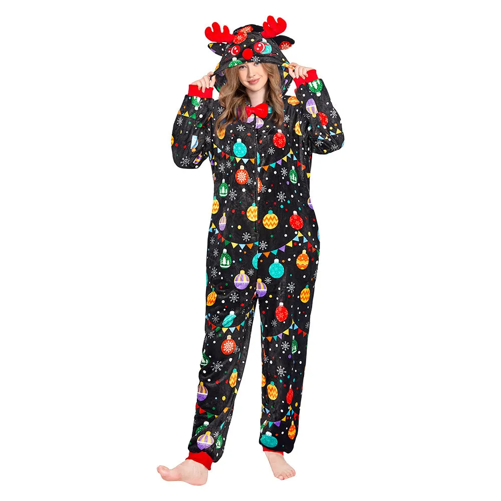 OLAOLA Elk Printed Colored Lights Black Pajamas Plush Animals Onesie Sleepwear Christmas Party Suit For Adult sold by OLAOLA