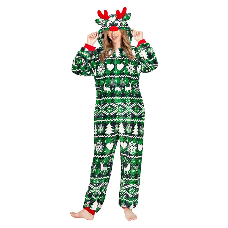 OLAOLA Green Printed Checkered Elk Pajamas Soft Plush Animals Onesie Sleepwear Christmas Party Suit sold by OLAOLA